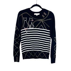 LOFT Cat Artsy Black and White Striped Whimsical crewneck Sweater size Small